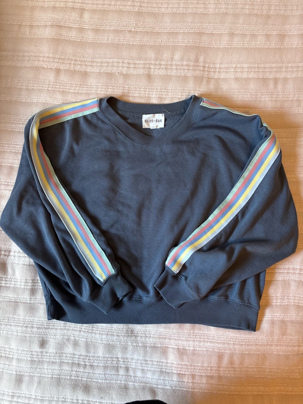 Olive & Oak Navy Sweatshirt with Pastel Rainbow Sleeve Stripes